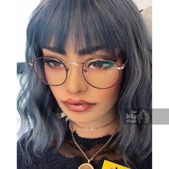 12" Ashy Blue Gray Wavy Wig with Bangs | Stacy - Picture 9 of 10